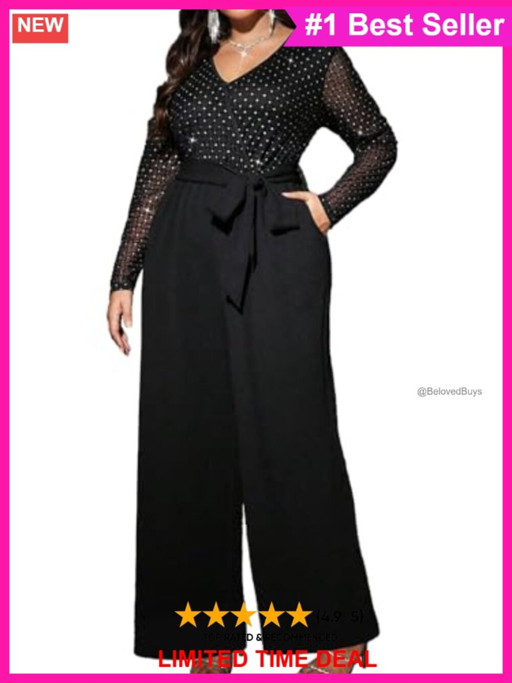 Plus Size Sequin V Neck Long Sleeve Wide Leg Jumpsuit with Pockets